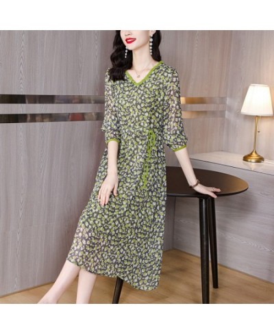 Spring Summer Green Floral Chiffon Ruffled V-Neck Midi Dress Women Fashion Light Beach Dress 2023 Korean Elegant Bodycon $49....