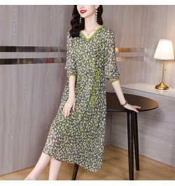 Spring Summer Green Floral Chiffon Ruffled V-Neck Midi Dress Women Fashion Light Beach Dress 2023 Korean Elegant Bodycon $49....