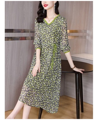 Spring Summer Green Floral Chiffon Ruffled V-Neck Midi Dress Women Fashion Light Beach Dress 2023 Korean Elegant Bodycon $49....