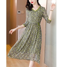 Spring Summer Green Floral Chiffon Ruffled V-Neck Midi Dress Women Fashion Light Beach Dress 2023 Korean Elegant Bodycon $49....