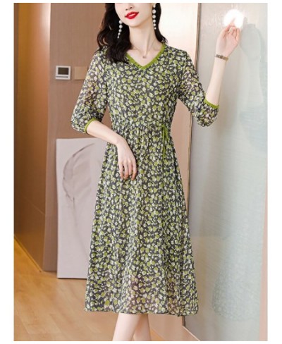 Spring Summer Green Floral Chiffon Ruffled V-Neck Midi Dress Women Fashion Light Beach Dress 2023 Korean Elegant Bodycon $49....