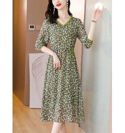 Spring Summer Green Floral Chiffon Ruffled V-Neck Midi Dress Women Fashion Light Beach Dress 2023 Korean Elegant Bodycon $49....