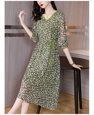 Spring Summer Green Floral Chiffon Ruffled V-Neck Midi Dress Women Fashion Light Beach Dress 2023 Korean Elegant Bodycon $49....