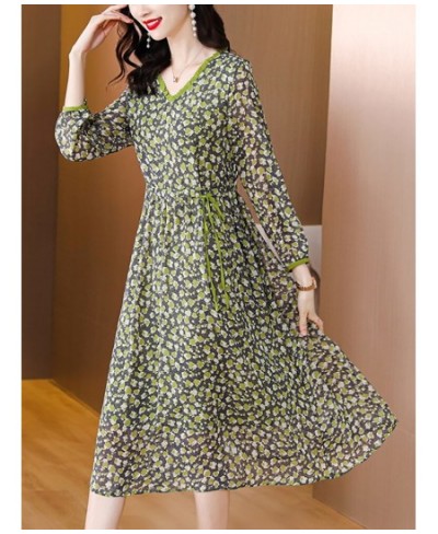 Spring Summer Green Floral Chiffon Ruffled V-Neck Midi Dress Women Fashion Light Beach Dress 2023 Korean Elegant Bodycon $49....