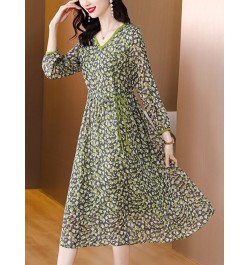 Spring Summer Green Floral Chiffon Ruffled V-Neck Midi Dress Women Fashion Light Beach Dress 2023 Korean Elegant Bodycon $49....