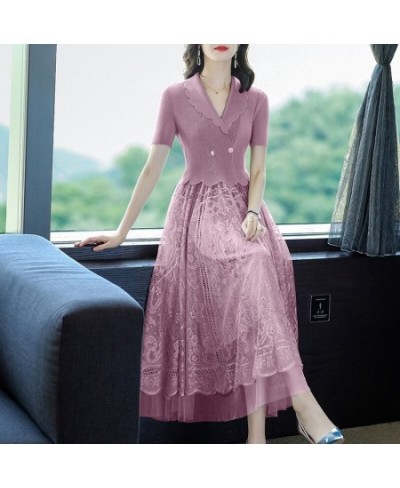 2023 Summer Pink Patchwork Mesh Hook Flower Hollow Fake Two Piece Dress Women Korean Fashion Elegant Bodycon Office Lady Dres...