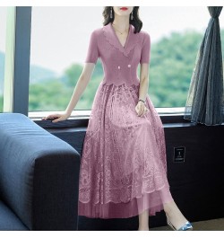 2023 Summer Pink Patchwork Mesh Hook Flower Hollow Fake Two Piece Dress Women Korean Fashion Elegant Bodycon Office Lady Dres...