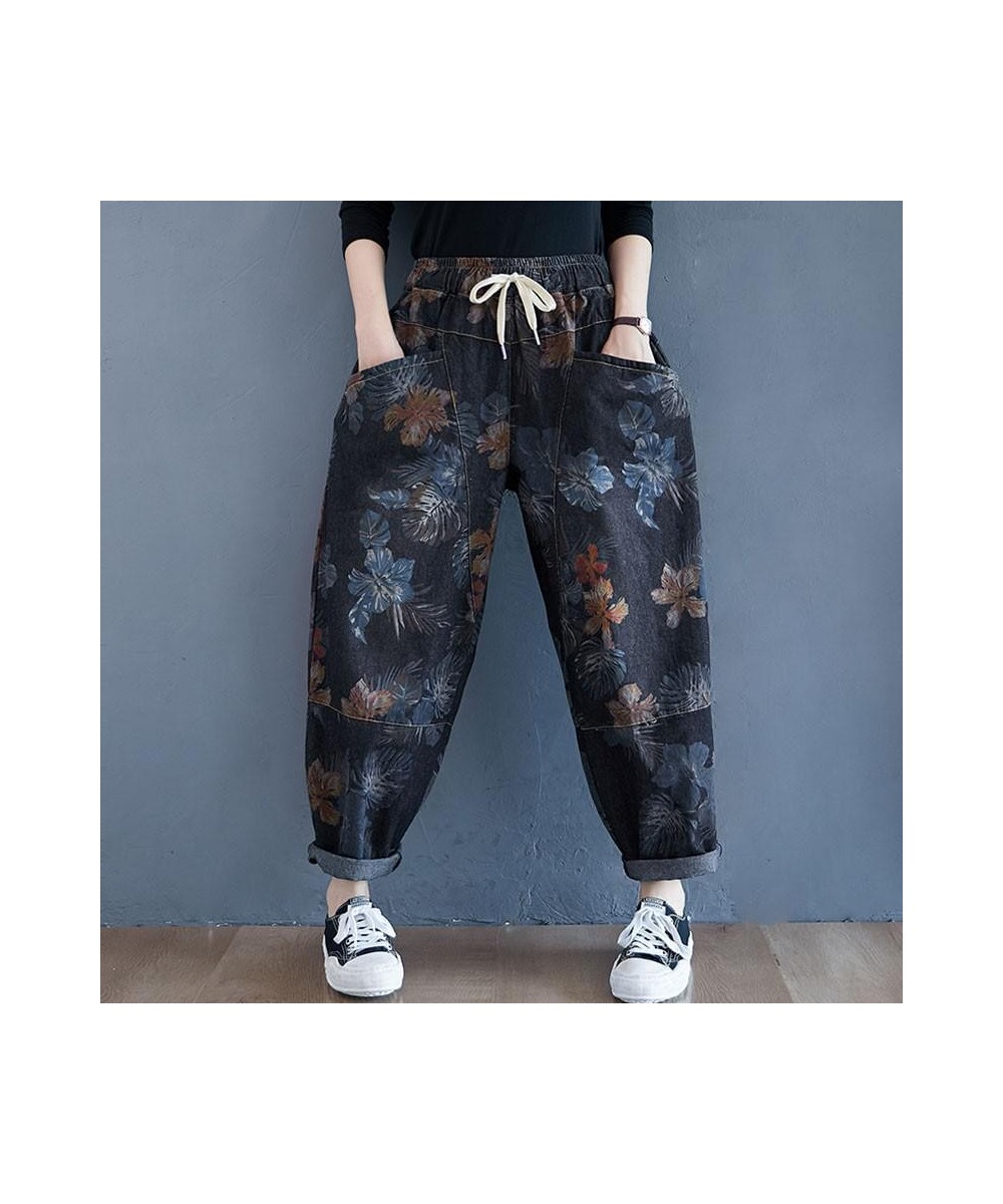 Women Casual Denim Harem Pants 2023 Autumn Streetwear Vintage Print Elastic Waist Loose Casual Boyfriend Jeans S2550 $54.60 -...