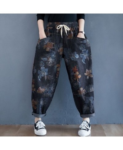 Women Casual Denim Harem Pants 2023 Autumn Streetwear Vintage Print Elastic Waist Loose Casual Boyfriend Jeans S2550 $54.60 -...