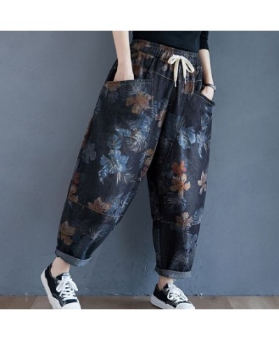 Women Casual Denim Harem Pants 2023 Autumn Streetwear Vintage Print Elastic Waist Loose Casual Boyfriend Jeans S2550 $54.60 -...