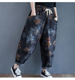 Women Casual Denim Harem Pants 2023 Autumn Streetwear Vintage Print Elastic Waist Loose Casual Boyfriend Jeans S2550 $54.60 -...