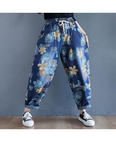 Women Casual Denim Harem Pants 2023 Autumn Streetwear Vintage Print Elastic Waist Loose Casual Boyfriend Jeans S2550 $54.60 -...