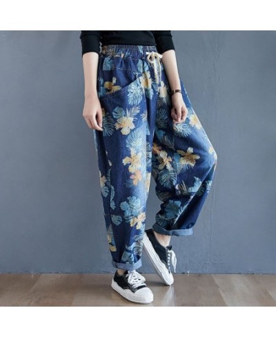 Women Casual Denim Harem Pants 2023 Autumn Streetwear Vintage Print Elastic Waist Loose Casual Boyfriend Jeans S2550 $54.60 -...