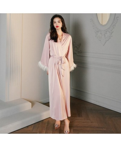 High Luxury Spring Silk Robe Set With Feathers For Women Pink Sexy V-Neck Pajamas Long Sleeve Home Suit 3 Ways To Wear $36.63...