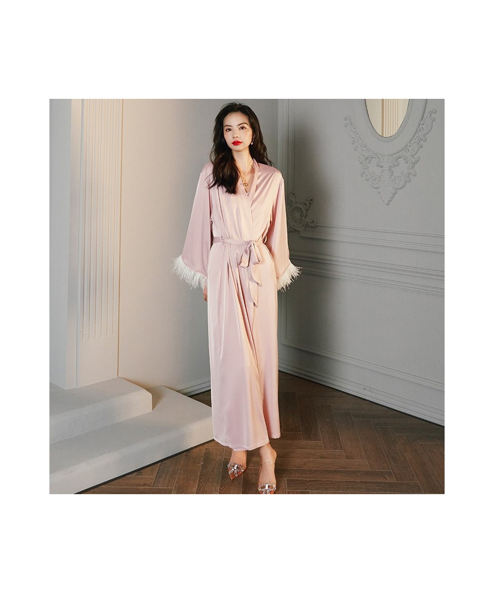 High Luxury Spring Silk Robe Set With Feathers For Women Pink Sexy V-Neck Pajamas Long Sleeve Home Suit 3 Ways To Wear $36.63...