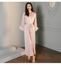 High Luxury Spring Silk Robe Set With Feathers For Women Pink Sexy V-Neck Pajamas Long Sleeve Home Suit 3 Ways To Wear $36.63...