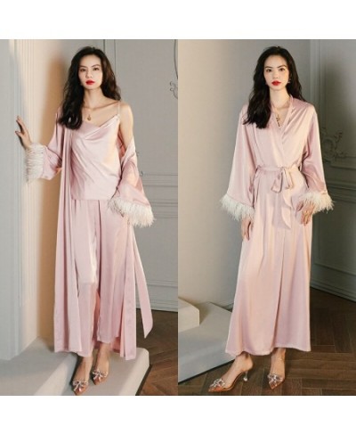 High Luxury Spring Silk Robe Set With Feathers For Women Pink Sexy V-Neck Pajamas Long Sleeve Home Suit 3 Ways To Wear $36.63...