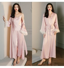 High Luxury Spring Silk Robe Set With Feathers For Women Pink Sexy V-Neck Pajamas Long Sleeve Home Suit 3 Ways To Wear $36.63...