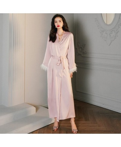 High Luxury Spring Silk Robe Set With Feathers For Women Pink Sexy V-Neck Pajamas Long Sleeve Home Suit 3 Ways To Wear $36.63...