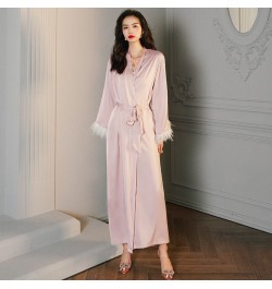 High Luxury Spring Silk Robe Set With Feathers For Women Pink Sexy V-Neck Pajamas Long Sleeve Home Suit 3 Ways To Wear $36.63...