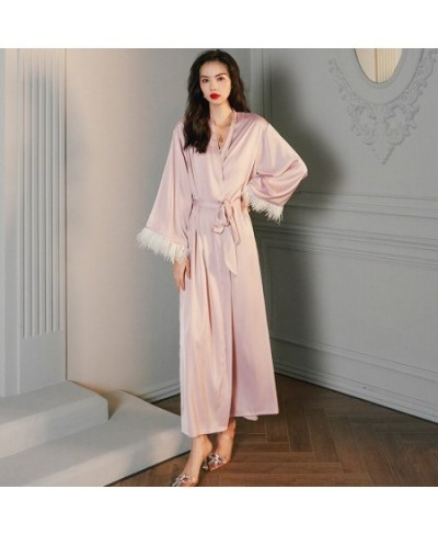 High Luxury Spring Silk Robe Set With Feathers For Women Pink Sexy V-Neck Pajamas Long Sleeve Home Suit 3 Ways To Wear $36.63...