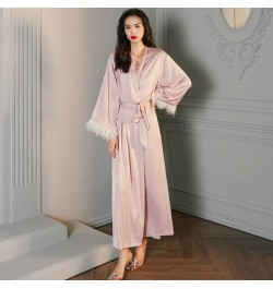 High Luxury Spring Silk Robe Set With Feathers For Women Pink Sexy V-Neck Pajamas Long Sleeve Home Suit 3 Ways To Wear $36.63...