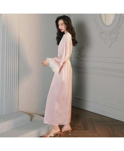 High Luxury Spring Silk Robe Set With Feathers For Women Pink Sexy V-Neck Pajamas Long Sleeve Home Suit 3 Ways To Wear $36.63...