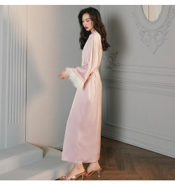 High Luxury Spring Silk Robe Set With Feathers For Women Pink Sexy V-Neck Pajamas Long Sleeve Home Suit 3 Ways To Wear $36.63...