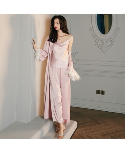 High Luxury Spring Silk Robe Set With Feathers For Women Pink Sexy V-Neck Pajamas Long Sleeve Home Suit 3 Ways To Wear $36.63...