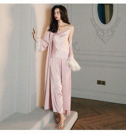 High Luxury Spring Silk Robe Set With Feathers For Women Pink Sexy V-Neck Pajamas Long Sleeve Home Suit 3 Ways To Wear $36.63...