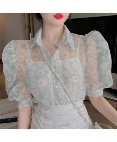 2023 Summer Sexy Perspective Mesh Blouses Korean Womens Puff Sleeve Single-breasted Lace Blouse Tops Print Floral Shirt Tees ...