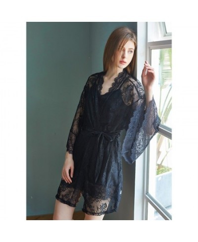 Luxury Silk Like V-neck Sling Sleeping Dress Lace Nightgown Elegant Two Piece Nightwear Women Sexy Wide Sleeved Robe $40.90 -...