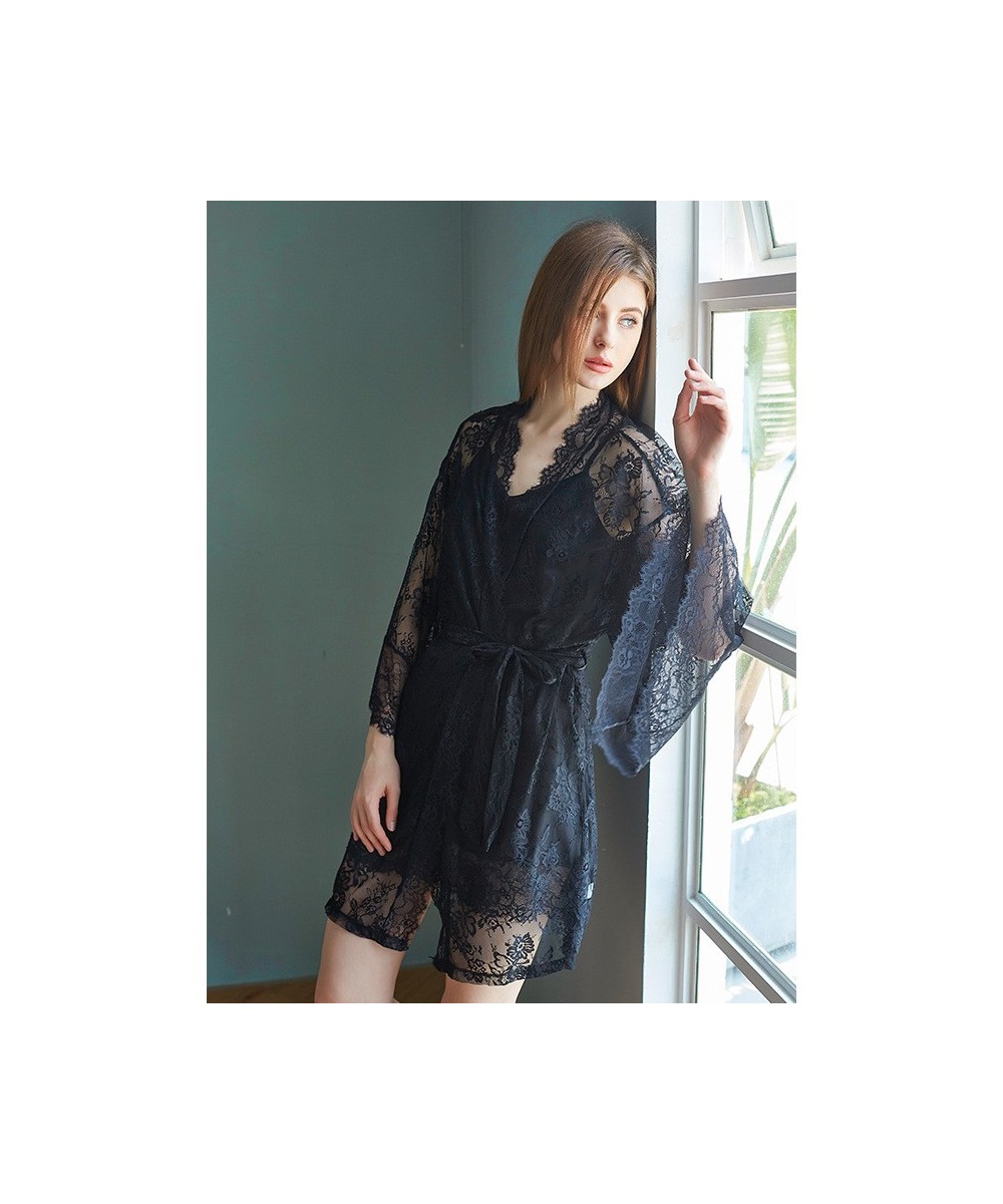 Luxury Silk Like V-neck Sling Sleeping Dress Lace Nightgown Elegant Two Piece Nightwear Women Sexy Wide Sleeved Robe $40.90 -...