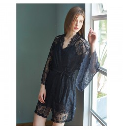 Luxury Silk Like V-neck Sling Sleeping Dress Lace Nightgown Elegant Two Piece Nightwear Women Sexy Wide Sleeved Robe $40.90 -...