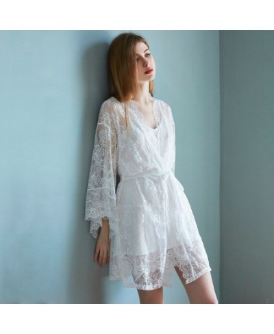 Luxury Silk Like V-neck Sling Sleeping Dress Lace Nightgown Elegant Two Piece Nightwear Women Sexy Wide Sleeved Robe $40.90 -...