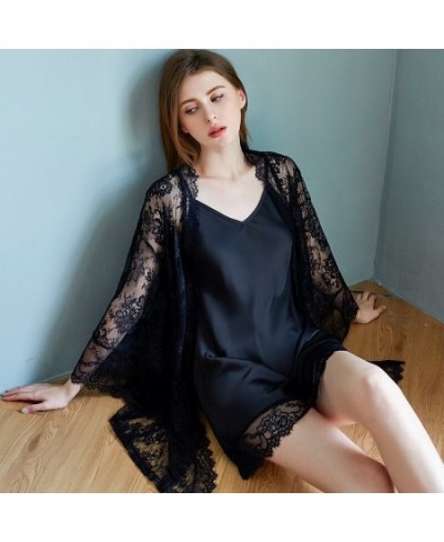 Luxury Silk Like V-neck Sling Sleeping Dress Lace Nightgown Elegant Two Piece Nightwear Women Sexy Wide Sleeved Robe $40.90 -...