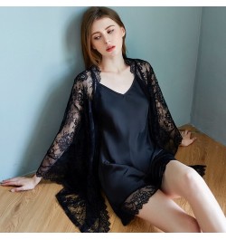 Luxury Silk Like V-neck Sling Sleeping Dress Lace Nightgown Elegant Two Piece Nightwear Women Sexy Wide Sleeved Robe $40.90 -...