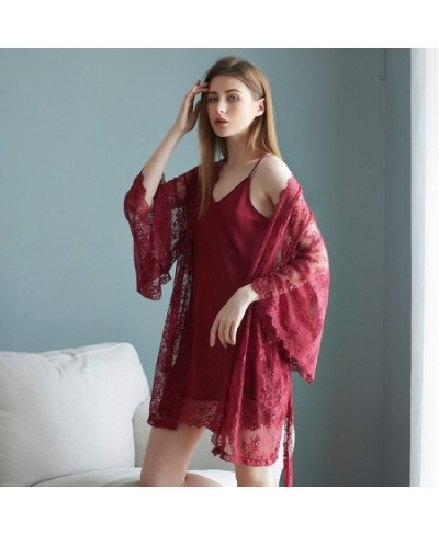 Luxury Silk Like V-neck Sling Sleeping Dress Lace Nightgown Elegant Two Piece Nightwear Women Sexy Wide Sleeved Robe $40.90 -...