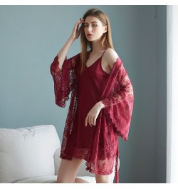 Luxury Silk Like V-neck Sling Sleeping Dress Lace Nightgown Elegant Two Piece Nightwear Women Sexy Wide Sleeved Robe $40.90 -...