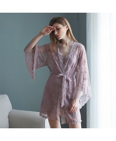 Luxury Silk Like V-neck Sling Sleeping Dress Lace Nightgown Elegant Two Piece Nightwear Women Sexy Wide Sleeved Robe $40.90 -...