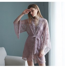 Luxury Silk Like V-neck Sling Sleeping Dress Lace Nightgown Elegant Two Piece Nightwear Women Sexy Wide Sleeved Robe $40.90 -...