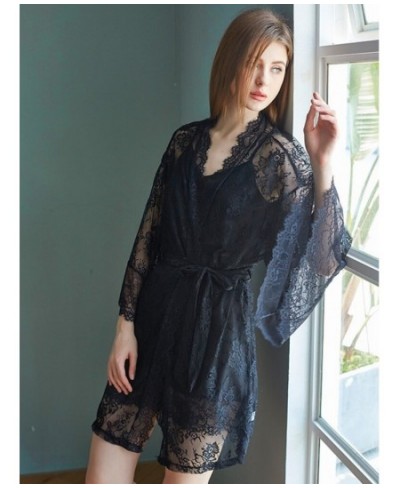 Luxury Silk Like V-neck Sling Sleeping Dress Lace Nightgown Elegant Two Piece Nightwear Women Sexy Wide Sleeved Robe $40.90 -...