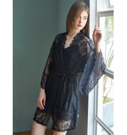 Luxury Silk Like V-neck Sling Sleeping Dress Lace Nightgown Elegant Two Piece Nightwear Women Sexy Wide Sleeved Robe $40.90 -...