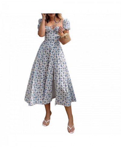 Fashion Floral Printed Summer Dress Women Puff Short Sleeve Casual BOHO Front Lace-up Vintage Sundress Party Wear $28.02 - Sw...