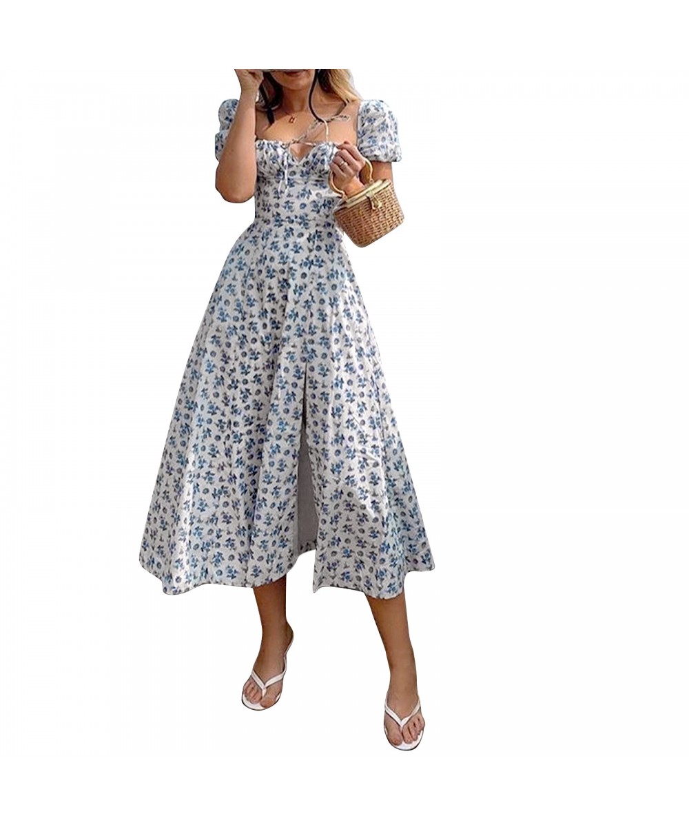 Fashion Floral Printed Summer Dress Women Puff Short Sleeve Casual BOHO Front Lace-up Vintage Sundress Party Wear $28.02 - Sw...