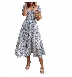 Fashion Floral Printed Summer Dress Women Puff Short Sleeve Casual BOHO Front Lace-up Vintage Sundress Party Wear $28.02 - Sw...