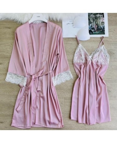 Summer Sexy Twinset Robe Set Female Kimono Bathrobe Gown Patchwork Lace Sleepwear Nightgown Loose Rayon Home Dress Lounge Wea...