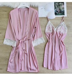 Summer Sexy Twinset Robe Set Female Kimono Bathrobe Gown Patchwork Lace Sleepwear Nightgown Loose Rayon Home Dress Lounge Wea...