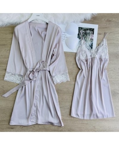 Summer Sexy Twinset Robe Set Female Kimono Bathrobe Gown Patchwork Lace Sleepwear Nightgown Loose Rayon Home Dress Lounge Wea...