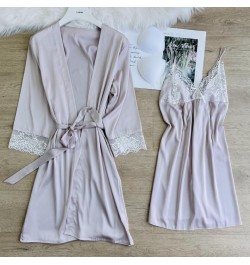 Summer Sexy Twinset Robe Set Female Kimono Bathrobe Gown Patchwork Lace Sleepwear Nightgown Loose Rayon Home Dress Lounge Wea...